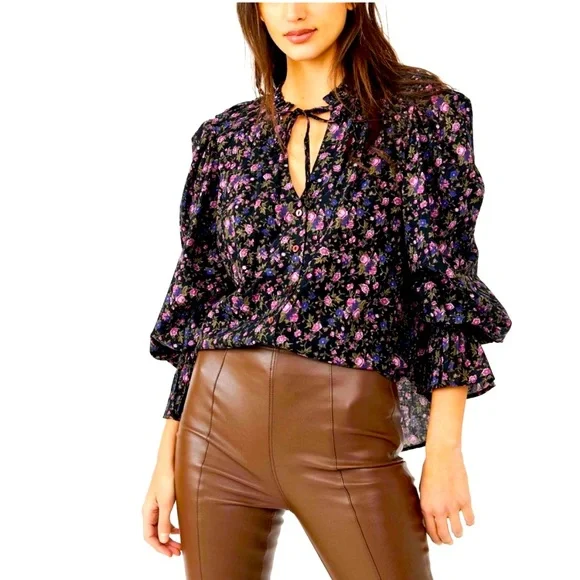 NWOT Free People Meant to Be Poets Sleeve Black Floral Cotton‎ Blouse Size Large - Picture 6 of 8